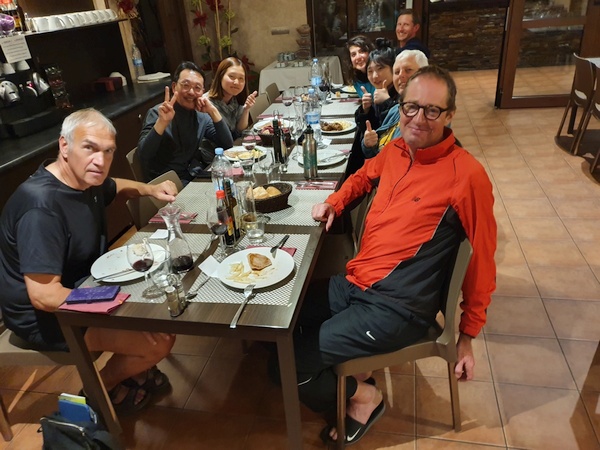 Pilgrim Dinner at Albergue La Casa Del Peregrino. To the left Franz from Holland, Joseph and AYoung (Koreans who could actually speak English). To the right: Claus, German Beatrix, KayHo from Korea, Irene from Italy and an American guy whose name I have forgotten. It was Irene's 26 year birthday and we all sang birthday songs to her in our own language.