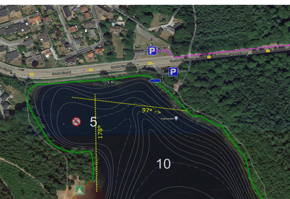 Cross-bearings of tiny wreck at north end of the lake