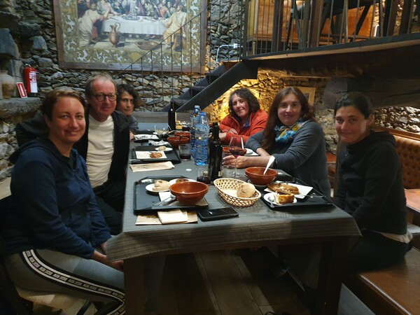 At Albergue De Mercadoiro, one of the better. Lots of wine. From left: German Suzanne, Claus, Italian Elia, French Carola, German Heike and German Steffi. The German girls got very silly and maybe they forgot I understand German. That would explain my pin