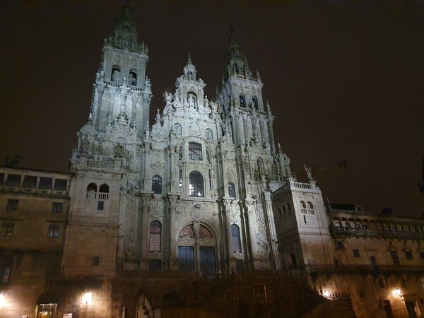 Later that night we went into the city to watch the Cathedral at night. Our first glimpse of it. No other pilgrims around.