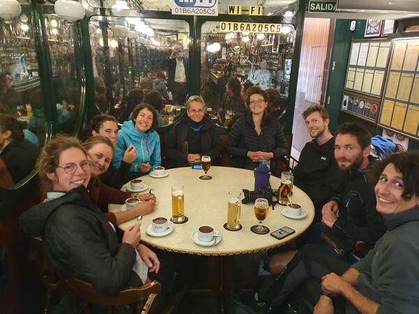 The group that just arrived assembled for chocolate with churros and beer. The third guy from the right is a Danish sailor