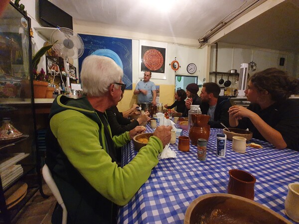 In the ghost town of Ciriñuela at the strange albergue called Albergue Virgen de Guadelupe. For the first time we were all seated around the same table. It turned out to be quite nice.