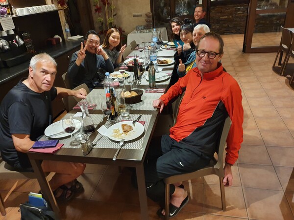 Pilgrim Dinner at Albergue La Casa Del Peregrino. To the left Franz from Holland, Joseph and AYoung (Koreans who could actually speak English). To the right: Claus, German Beatrix, KayHo from Korea, Irene from Italy and an American guy whose name I have f